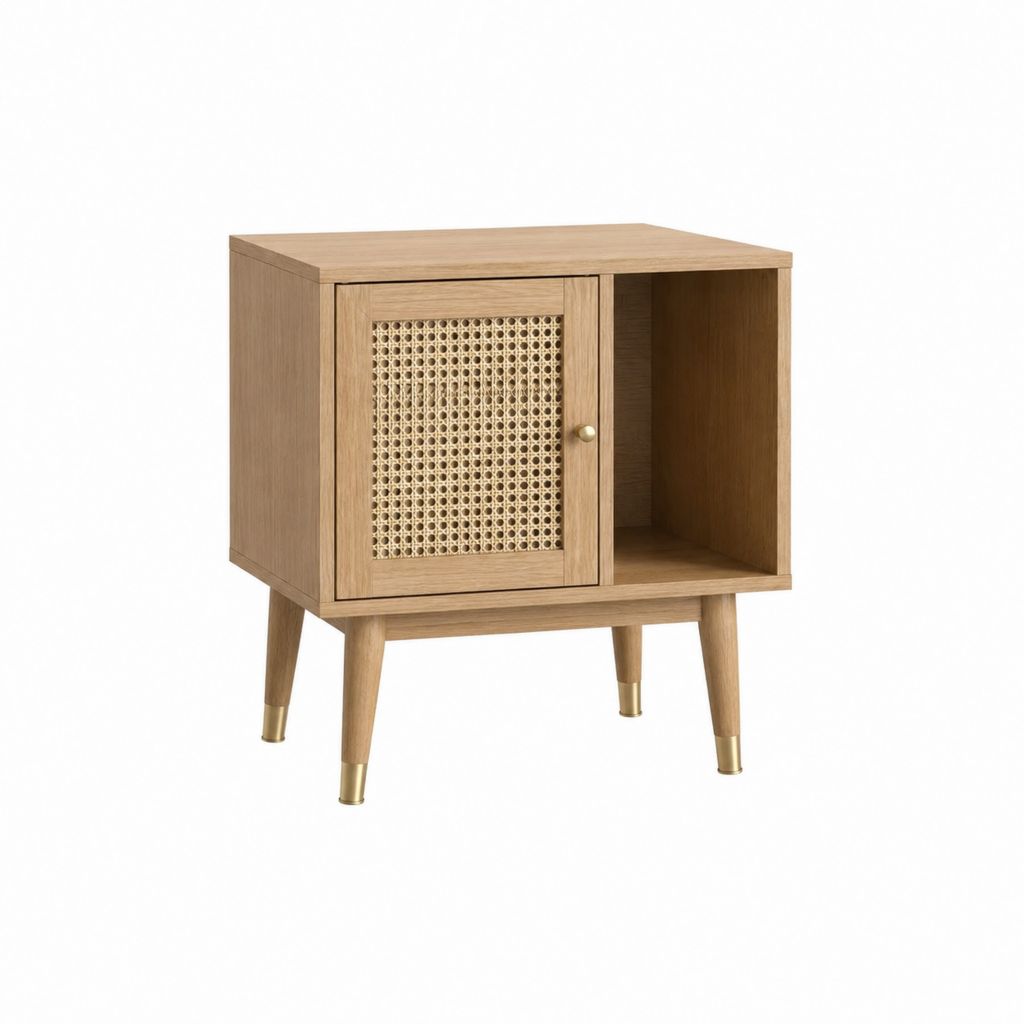Nachttisch Eichenoptik mit Rattantür und offenem Fach 50 x 40 x 60 cm