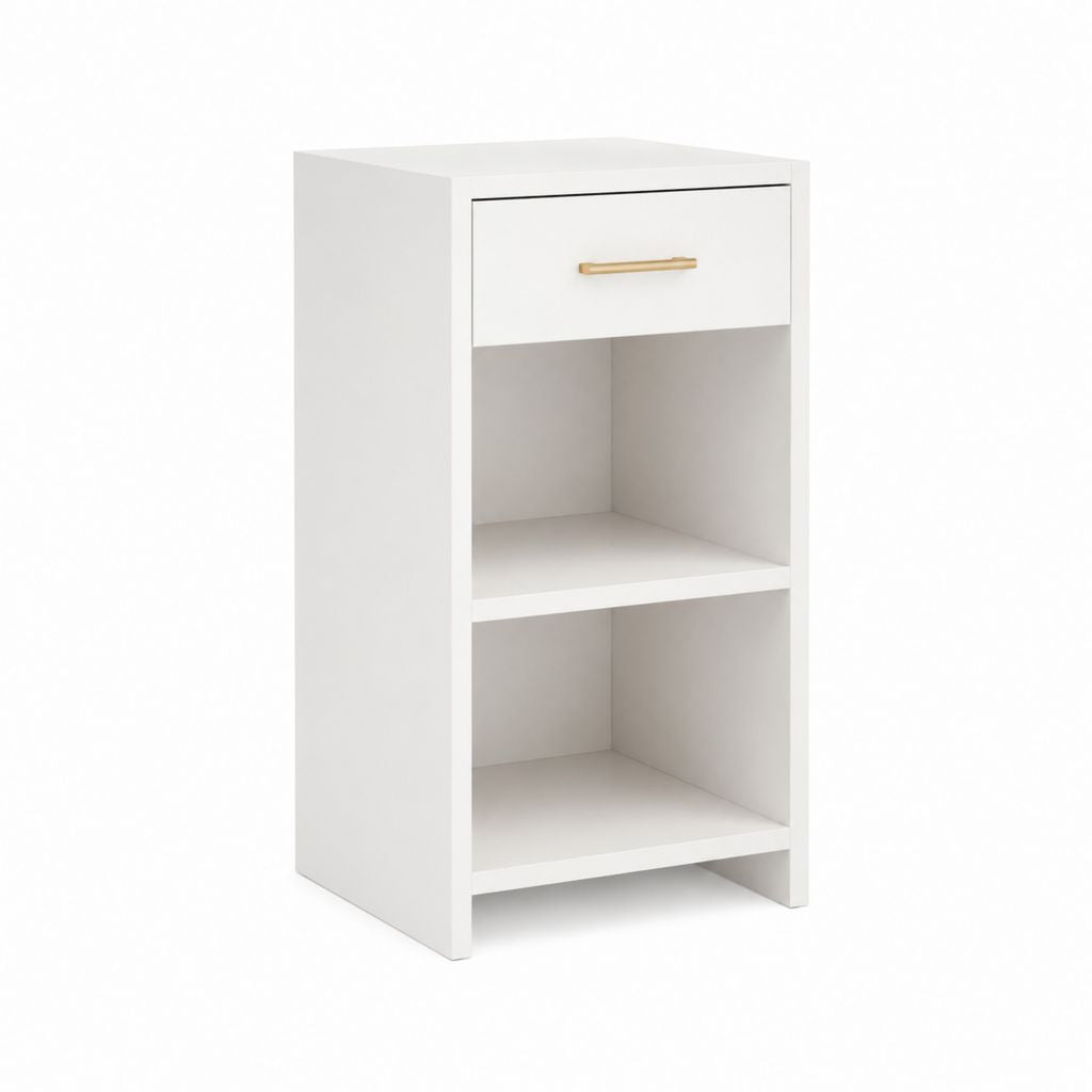 Nachttisch Weiß aus melaminbeschichteter Spanplatte rechteckig mit Schublade und 2 offenen Fächern 40 x 30 x 70 cm