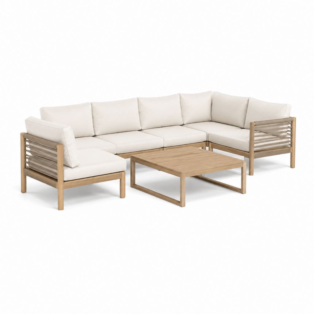 Gartenlounge Set L-Form Natur Akazien-Massivholz Polyester Creme 250 x 190 x 75 cm