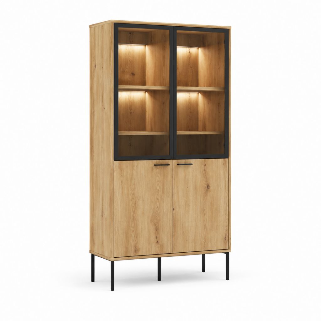 Vitrine Eichefarben mit Glastüren LED-Beleuchtung und schwarzen Stahlfüßen 100 x 40 x 200 cm