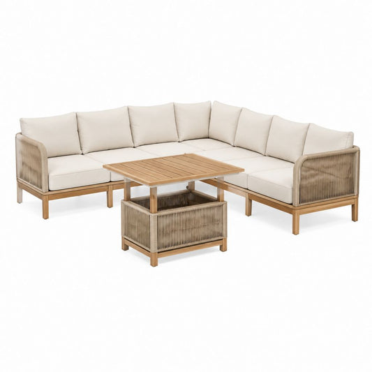 Gartenlounge Set Ecksofa mit Couchtisch Beige Akazien-Massivholz Polypropylen-Seilgeflecht 240 x 240 x 75 cm