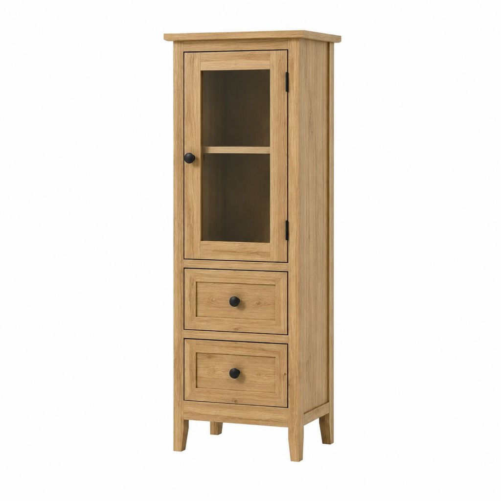 Vitrine aus massiver Eiche natur rechteckig mit Glastür und 2 Schubladen 50 x 40 x 180 cm