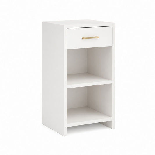 Nachttisch Weiß aus melaminbeschichteter Spanplatte rechteckig mit Schublade und 2 offenen Fächern 40 x 30 x 70 cm