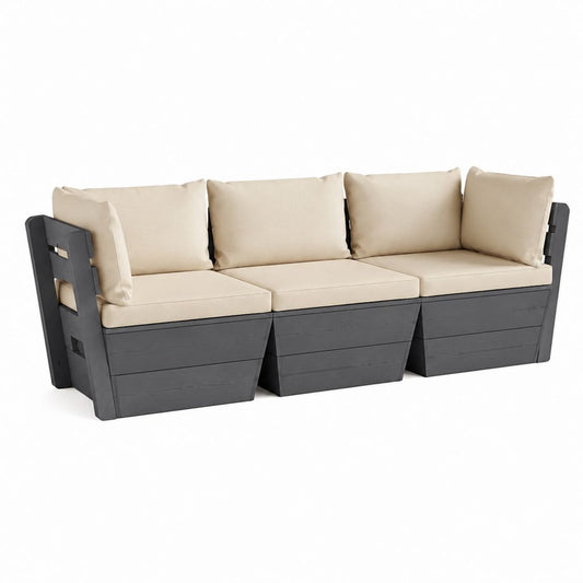 Gartensofa 3-Sitzer Schwarz aus massivem Kiefernholz mit beigen Polyesterkissen 210 x 70 x 70 cm