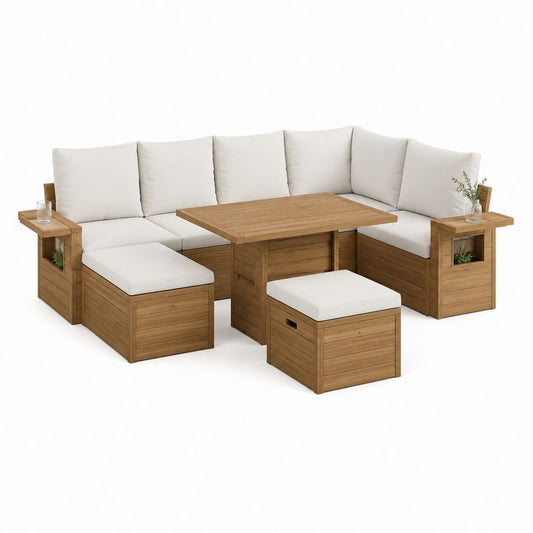 Gartenlounge-Set aus Akazienholz in Natur mit cremefarbenen Polyesterkissen Ecksofa Tisch und 2 Hockern 250 x 250 cm