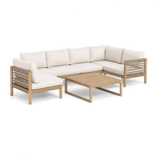 Gartenlounge Set L-Form Natur Akazien-Massivholz Polyester Creme 250 x 190 x 75 cm