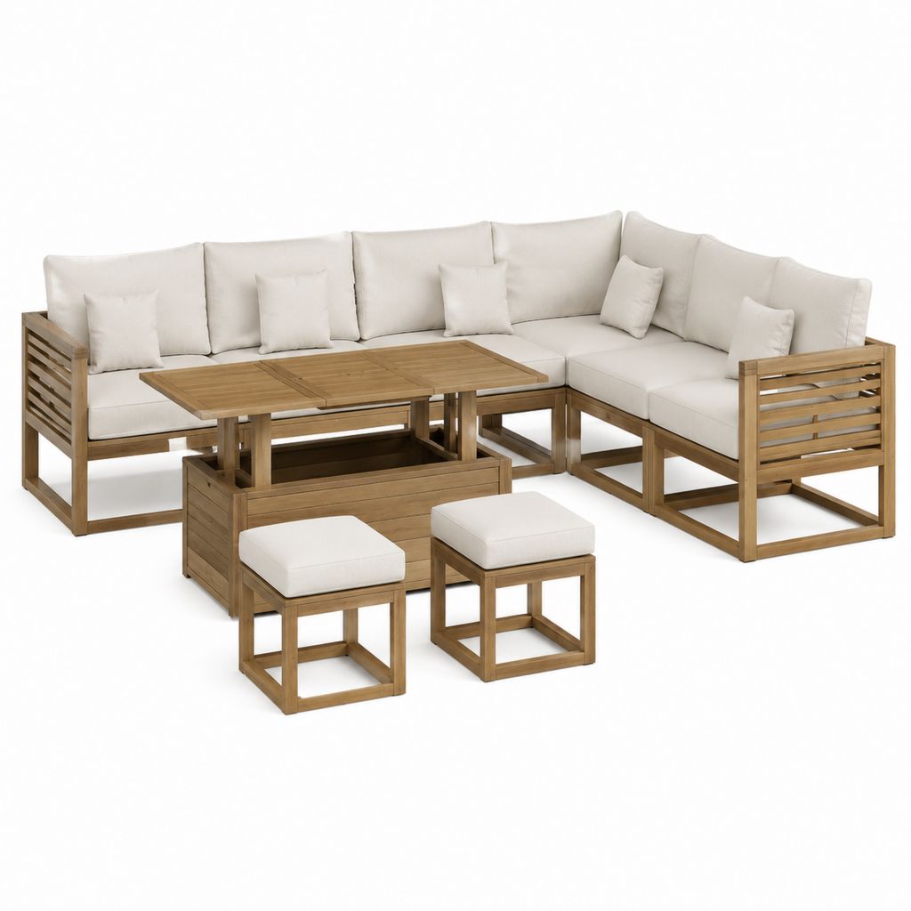 7-teiliges Gartensofa Set Beige aus massivem Akazienholz mit höhenverstellbarem Tisch 220 x 220 cm