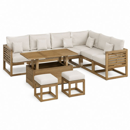 7-teiliges Gartensofa Set Beige aus massivem Akazienholz mit höhenverstellbarem Tisch 220 x 220 cm