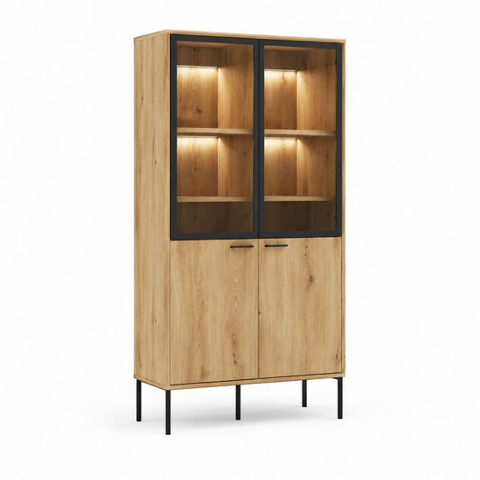 Vitrine Eichefarben mit Glastüren LED-Beleuchtung und schwarzen Stahlfüßen 100 x 40 x 200 cm