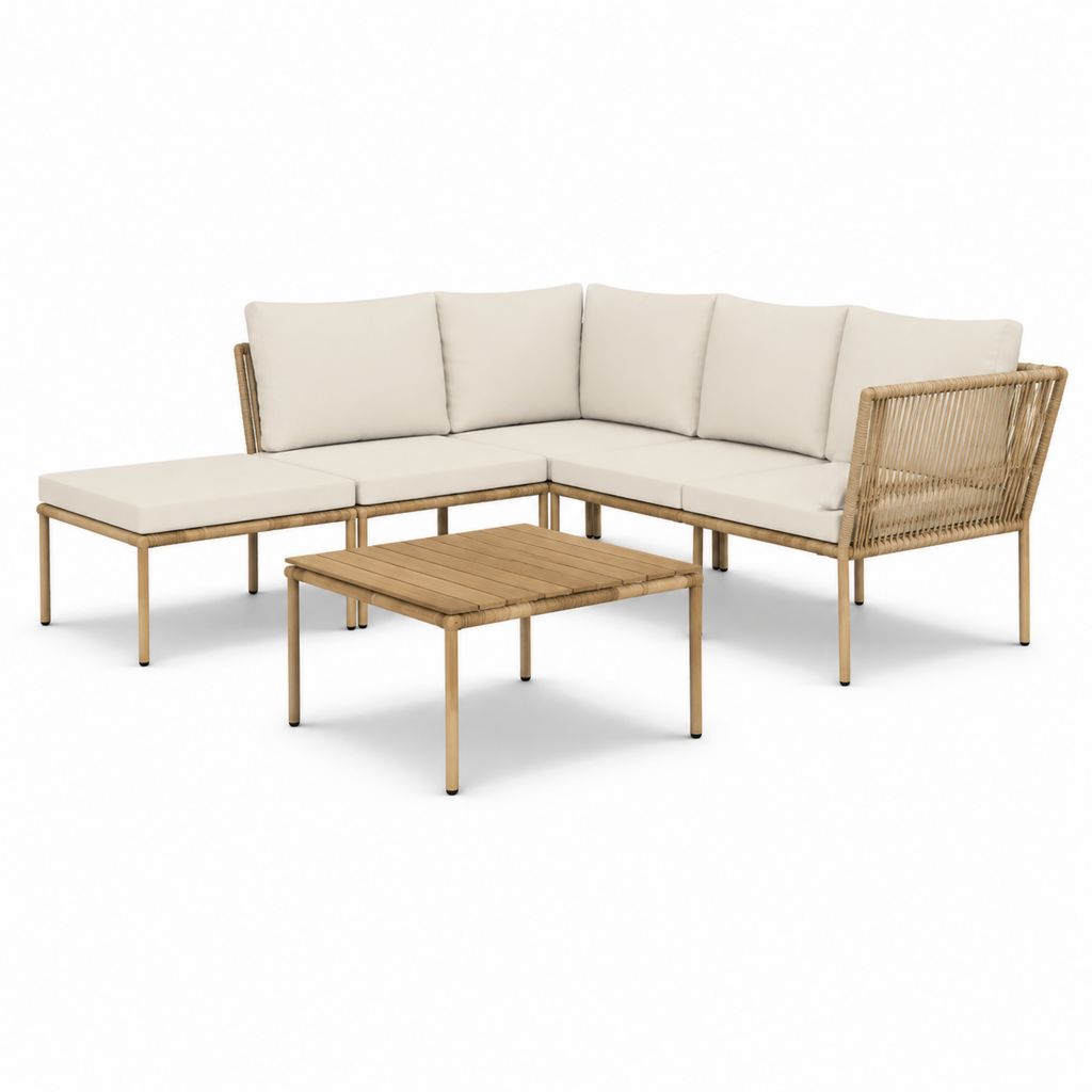 Gartenlounge Ecksofa Set Natur Beige Bambus Polyester L-Form 218 x 218 x 70 cm