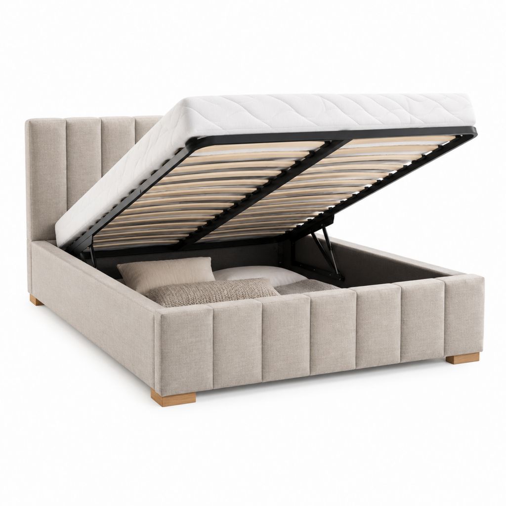 Polsterbett mit Bettkasten Gasdruckfeder Lattenrost Beige Polyester Rechteckig 180 x 200 cm
