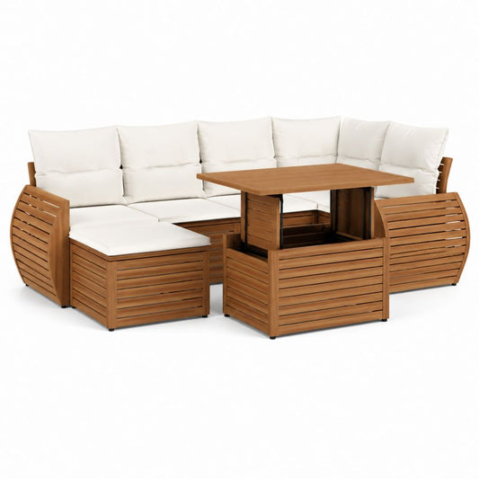 Gartenlounge Set aus Akazienholz Braun mit cremefarbenen Polyesterkissen und Esstisch 285 x 220 x 88 cm